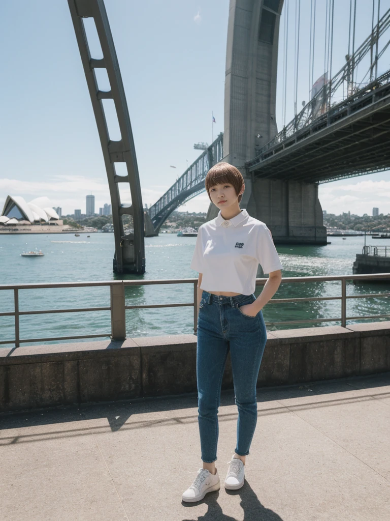 her name is Asako, high quality, 1girl, ((20-year-old fit Caucasian woman)), ((20 years old)), ((slim)), ((Edgy Bowl Cut hair)), pose: standing, wearing edgy Generation-Z modern wear bright colored, BACKGROUND:On the Sydney Harbor Bridge, with views of the Opera House and the bustling harbor below