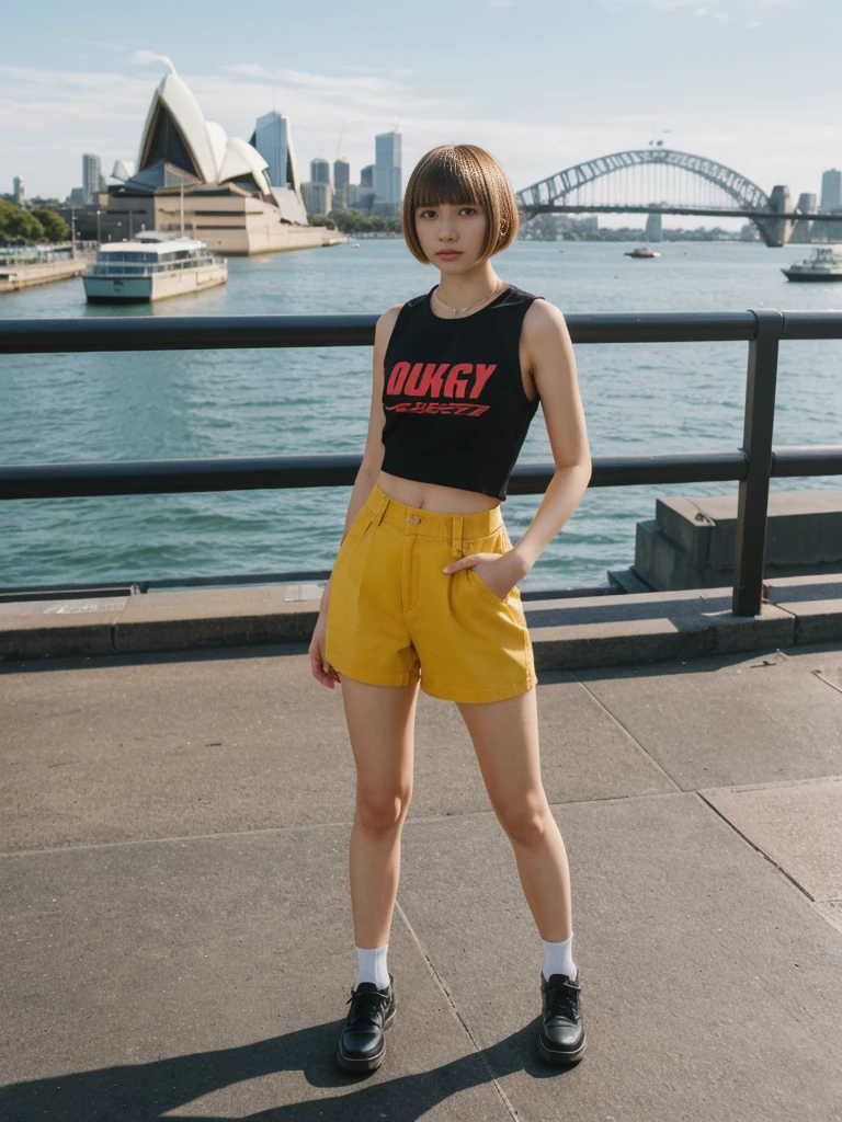 her name is Asako, high quality, 1girl, ((20-year-old fit Caucasian woman)), ((20 years old)), ((slim)), ((Edgy Bowl Cut hair)), pose: standing, wearing edgy Generation-Z modern wear bright colored, BACKGROUND:On the Sydney Harbor Bridge, with views of the Opera House and the bustling harbor below