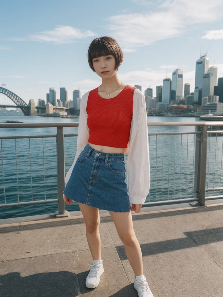 her name is Asako, high quality, 1girl, ((20-year-old fit Caucasian woman)), ((20 years old)), ((slim)), ((Edgy Bowl Cut hair)), pose: standing, wearing edgy Generation-Z modern wear bright colored, BACKGROUND:On the Sydney Harbor Bridge, with views of the Opera House and the bustling harbor below