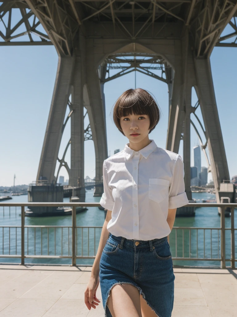 her name is Asako, high quality, 1girl, ((20-year-old fit Caucasian woman)), ((20 years old)), ((slim)), ((Edgy Bowl Cut hair)), pose: standing, wearing edgy Generation-Z modern wear bright colored, BACKGROUND:On the Sydney Harbor Bridge, with views of the Opera House and the bustling harbor below
