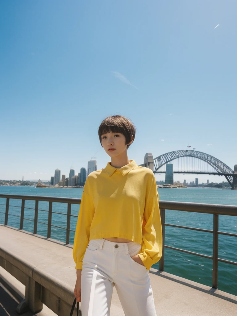 her name is Asako, high quality, 1girl, ((20-year-old fit Caucasian woman)), ((20 years old)), ((slim)), ((Edgy Bowl Cut hair)), pose: standing, wearing edgy Generation-Z modern wear bright colored, BACKGROUND:On the Sydney Harbor Bridge, with views of the Opera House and the bustling harbor below