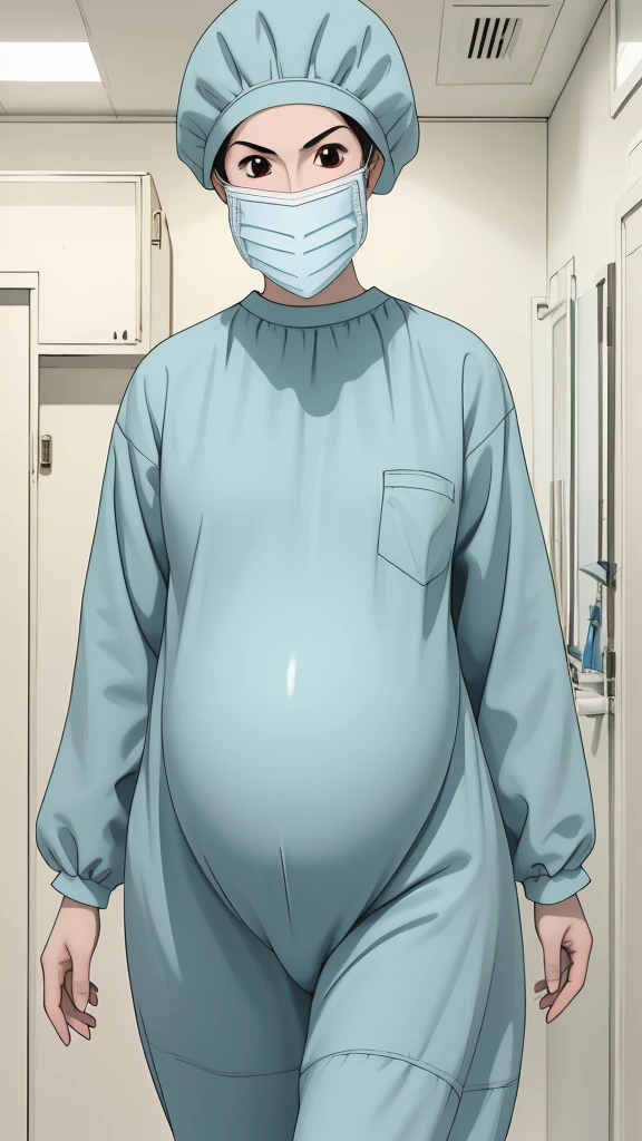 masterpiece, highest quality, (RAW photo, best quality), 1girl, frown, pale skin, shy eyes, big breasts, big tits, pregnant, stand, natural lighting, solo, hospital, in the operating room, 
ray kasugano, pregnant with big belly, (give a score of 9_give a score of 8_give a score of 7) long sleeve surgical gown, surgical cap, cover ears, surgical mask, long surgical gloves, 