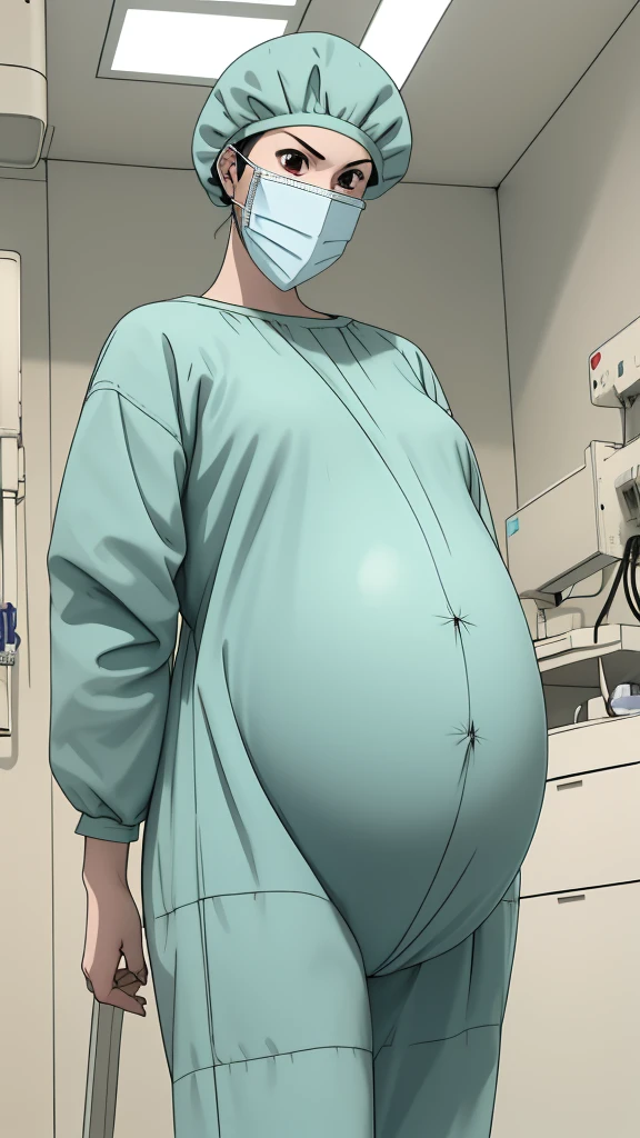 masterpiece, highest quality, (RAW photo, best quality), 1girl, frown, pale skin, shy eyes, big breasts, big tits, pregnant, stand, natural lighting, solo, hospital, in the operating room, 
ray kasugano, pregnant with big belly, (give a score of 9_give a score of 8_give a score of 7) long sleeve surgical gown, surgical cap, cover ears, surgical mask, long surgical gloves, 