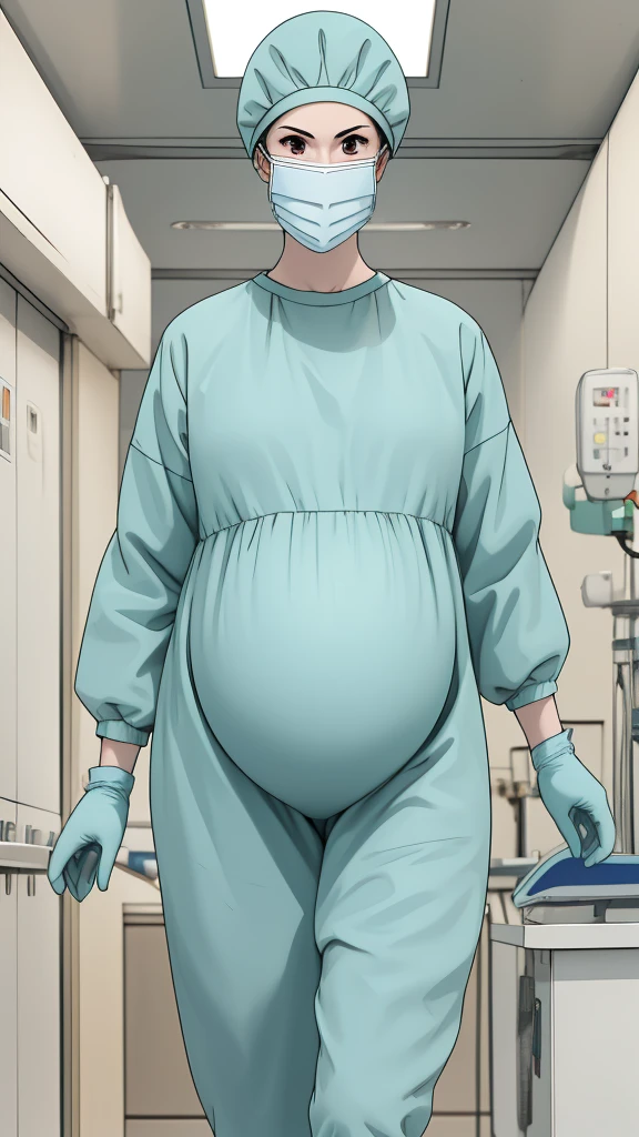 masterpiece, highest quality, (RAW photo, best quality), 1girl, frown, pale skin, shy eyes, big breasts, big tits, pregnant, stand, natural lighting, solo, hospital, in the operating room, 
ray kasugano, pregnant with big belly, (give a score of 9_give a score of 8_give a score of 7) long sleeve surgical gown, surgical cap, cover ears, surgical mask, long surgical gloves, 