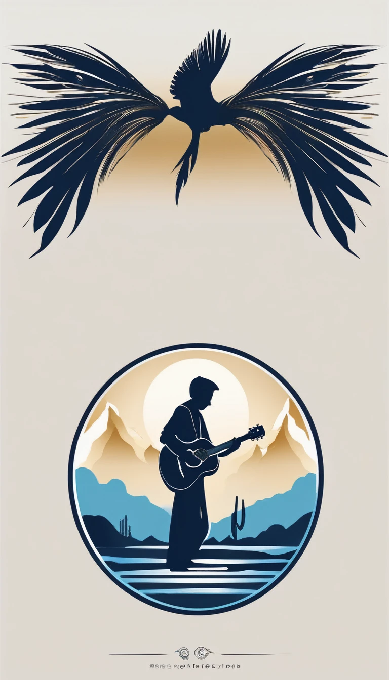 A minimal, modern, simple, cinematic logo design for the brand “Penamemoria". The logo design must be a simple, silhouette of a boy, standing up, playing acoustic guitar and fantasy feather by his side. The logo must convey a sense of music, stories, memories and dreams. Logo design impressed on a book cover. Minimalistic logo. Light blue, white and soft golden as colors for the logo design