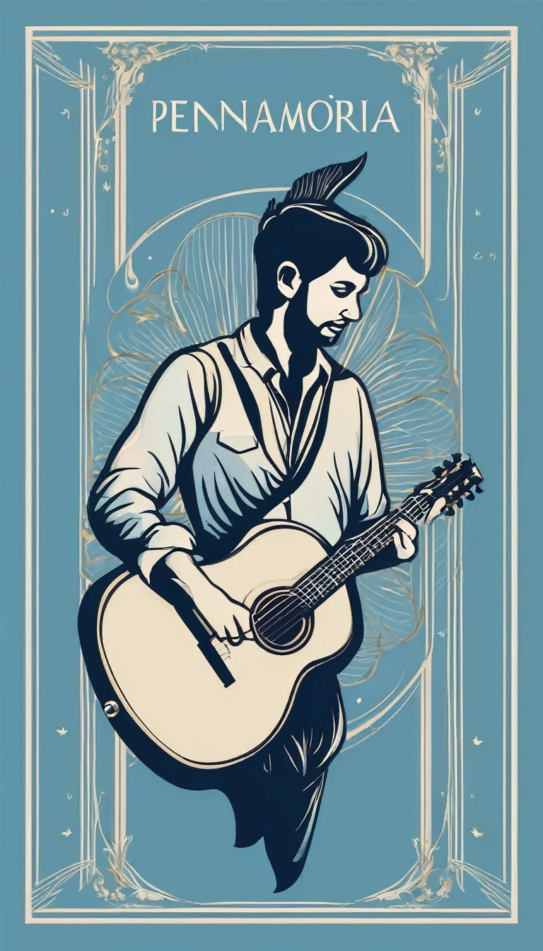 A minimal, modern, simple, cinematic logo design for the brand “Penamemoria". The logo design must be a simple, silhouette of a boy, standing up, playing acoustic guitar and fantasy feather by his side. The logo must convey a sense of music, stories, memories and dreams. Logo design impressed on a book cover. Minimalistic logo. Light blue, white and soft golden as colors for the logo design