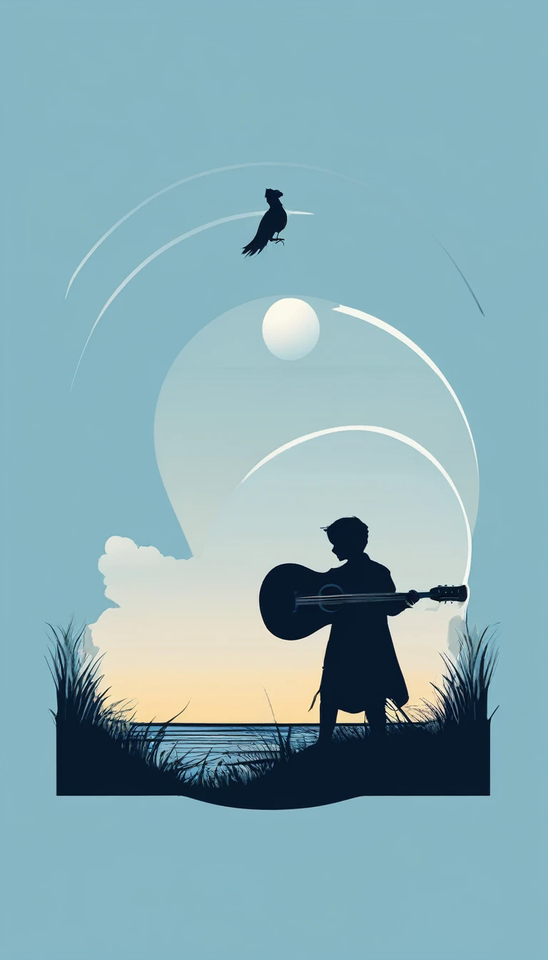 A minimal, modern, simple, cinematic logo design for the brand “Penamemoria". The logo design must be a simple, silhouette of a boy, standing up, playing acoustic guitar and fantasy feather by his side. The logo must convey a sense of music, stories, memories and dreams. Logo design impressed on a book cover. Minimalistic logo. Light blue, white and soft golden as colors for the logo design