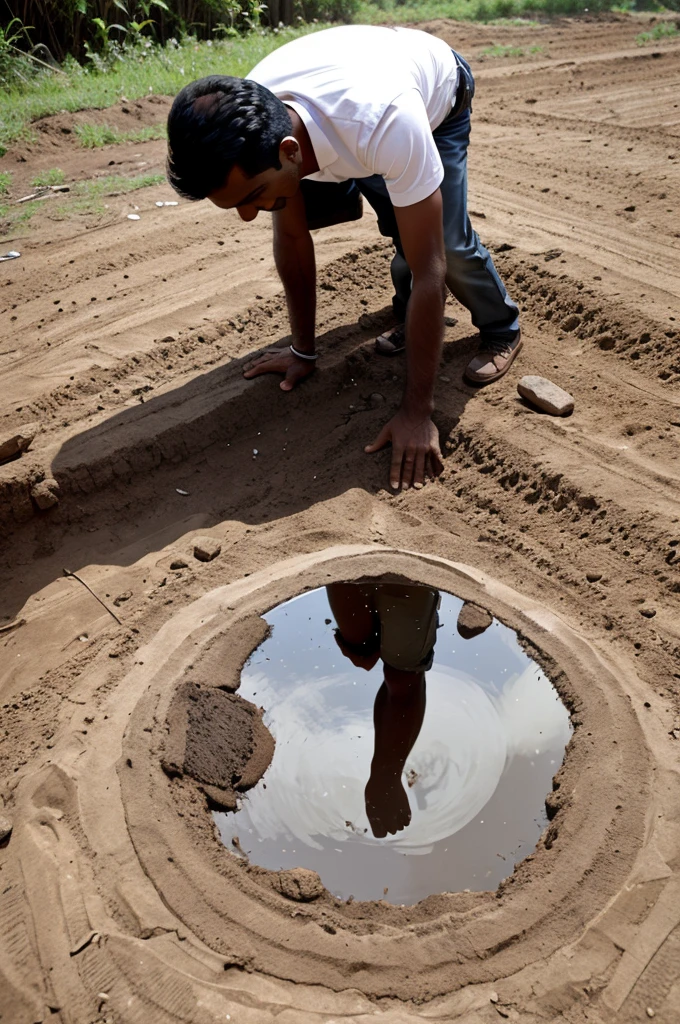 Finding the mirror: Ramesh discovering a shining, ancient mirror buried in the soil.