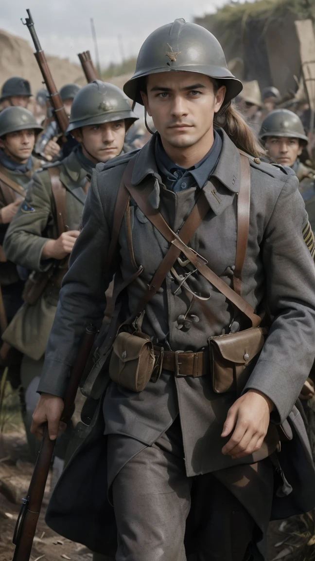 (masterpiece), best quality, expressive eyes, perfect face, All quiet on western Front, man, trenches, dirty, uniform, realistic, HD, Rifle, Orlando Bloom, big bag, French army, regiment, France, defending position, pov, Far view, ponytail