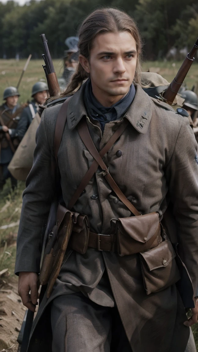 (masterpiece), best quality, expressive eyes, perfect face, All quiet on western Front, man, trenches, dirty, uniform, realistic, HD, Rifle, Orlando Bloom, big bag, French army, regiment, France, defending position, pov, Far view, ponytail