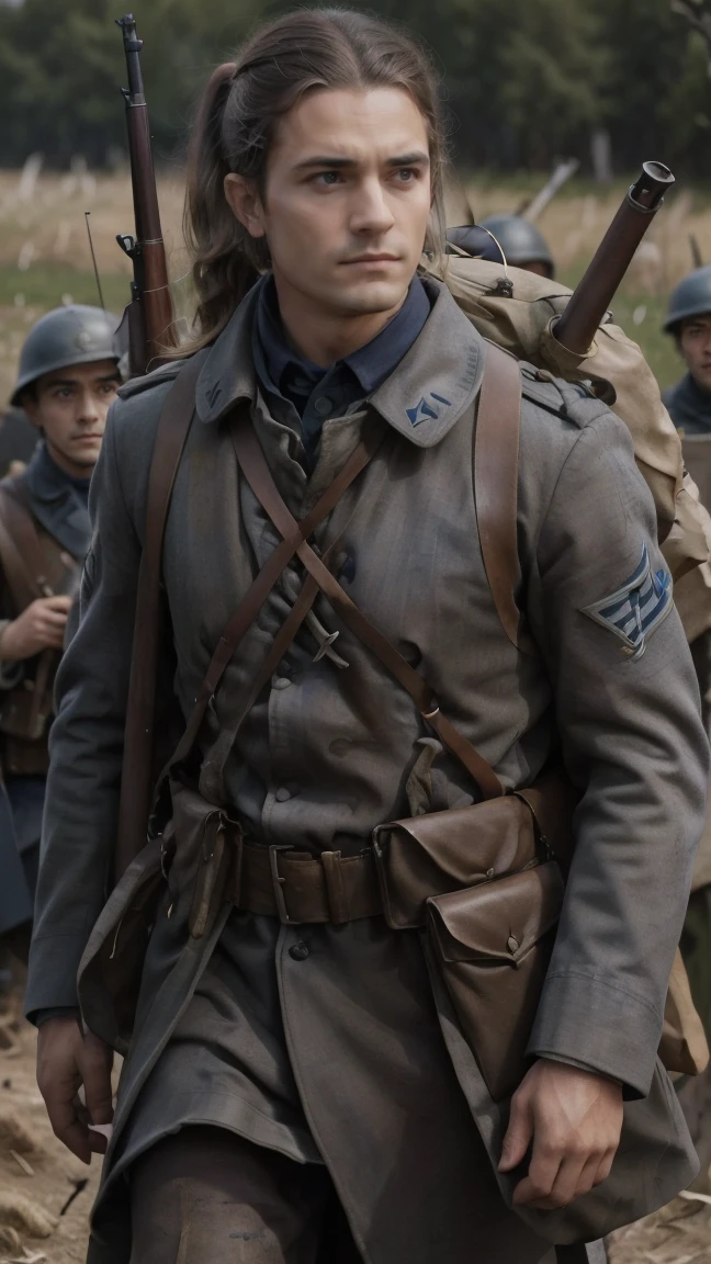 (masterpiece), best quality, expressive eyes, perfect face, All quiet on western Front, man, trenches, dirty, uniform, realistic, HD, Rifle, Orlando Bloom, big bag, French army, regiment, France, defending position, pov, Far view, ponytail