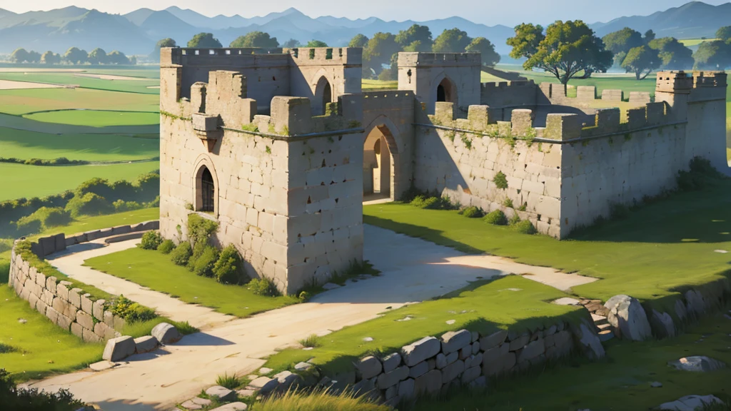4k ultra high quality, outside of a medieval embattled fort, stone walls, wooden walls around the fort mud and tall yellow grass outside