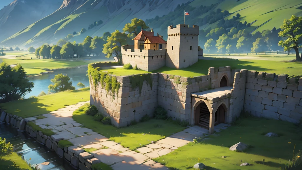 4k ultra high quality, outside of a medieval embattled fort, stone walls, wooden walls around the fort mud and tall yellow grass outside