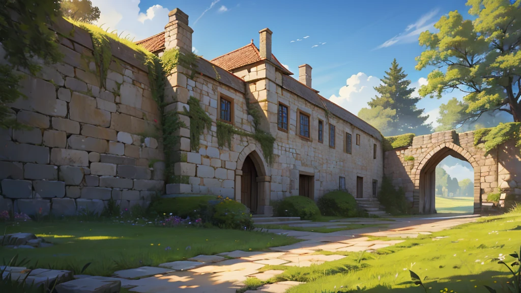 4k ultra high quality, outside of a medieval embattled fort, stone walls, wooden walls around the fort mud and tall yellow grass outside
