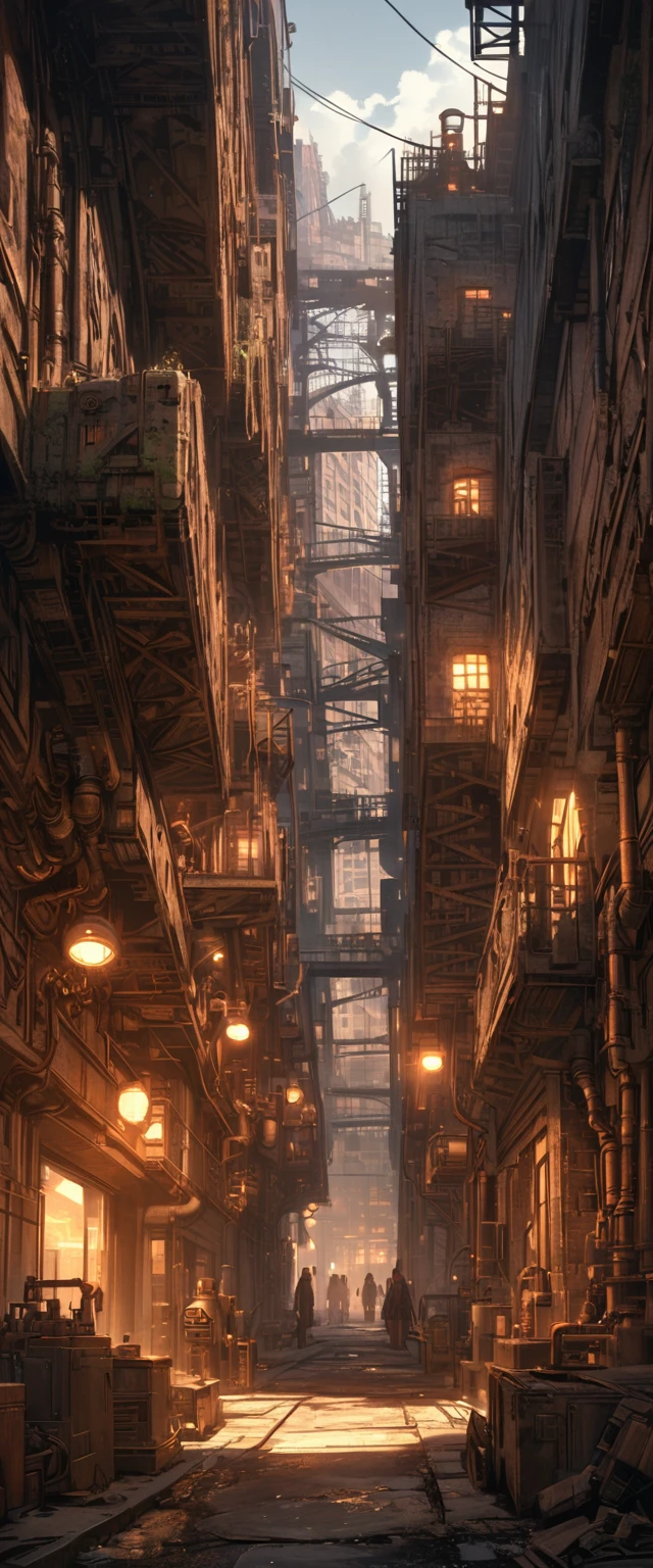 Industrial city, Walls all around, Steampunk, Rusty and heavy, smokes, chimney, factory, gear, Mechanical, High-rise buildings, tower, Steam powered, Steam piping, Street Lights, (light:0.8, Super Detail, bloom)