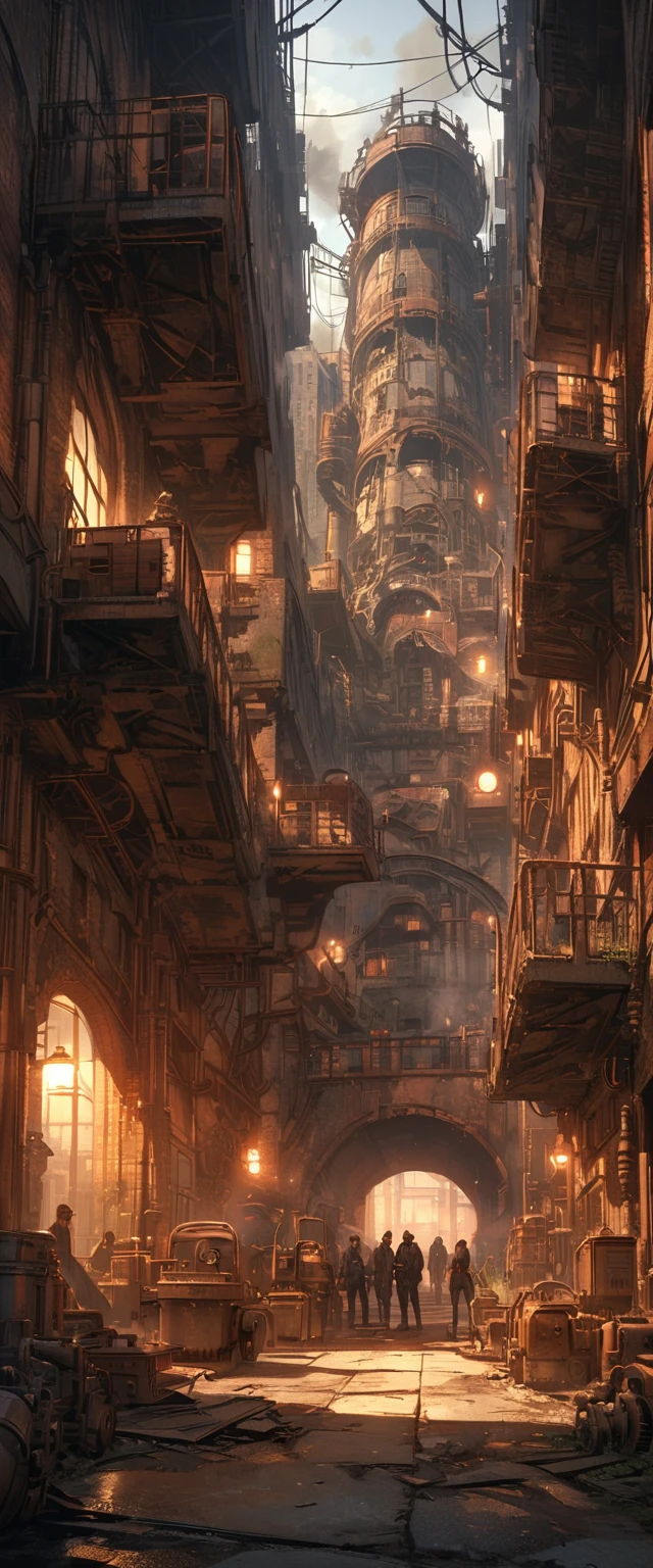 Industrial city, Walls all around, Steampunk, Rusty and heavy, smokes, chimney, factory, gear, Mechanical, High-rise buildings, tower, Steam powered, Steam piping, Street Lights, (light:0.8, Super Detail, bloom)