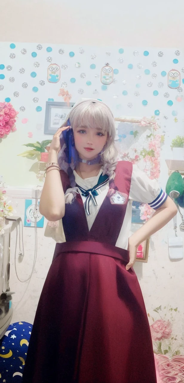 masterpiece, best quality,
1girl, arm support, bangs, belt, blue dress, blue eyes, blue headwear, blush, braid, braided ponytail, breasts, closed mouth, collared dress, constellation print, cowboy shot, cross, cross print, dress, dutch angle, eyelashes, grey hair, hair between eyes ,hand up, hat, large breasts, light smile, lips, long braid, long hair, looing at viewer, medium breasts, multicolored clothes, multicolored dress, nurse cap, open mouth, parted lips, pin bacground, puffy short sleeves, puffy sleeves,red cross, red dress, sash, short sleeves, sidelocs,simple bacground, single braid, sitting, setch, smile, solothighs, two-tone dress, very long hair, white hair, white sash,