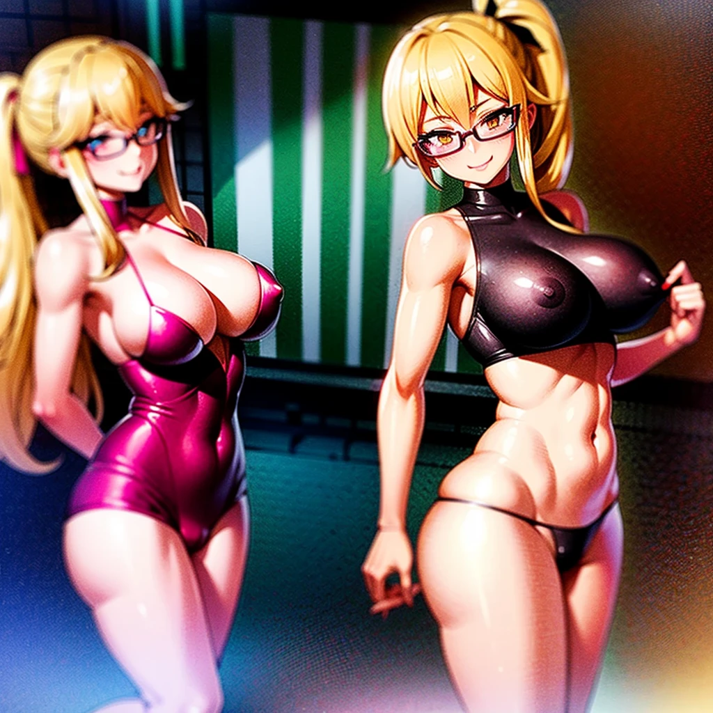 masterpiece, best quality, large breasts, lucy heartfilia, solo, blonde hair, brown eyes, long hair, side ponytail, bare shoulders, sleeveless, hair ribbon, evil smile, blush, breath, upper, glasses