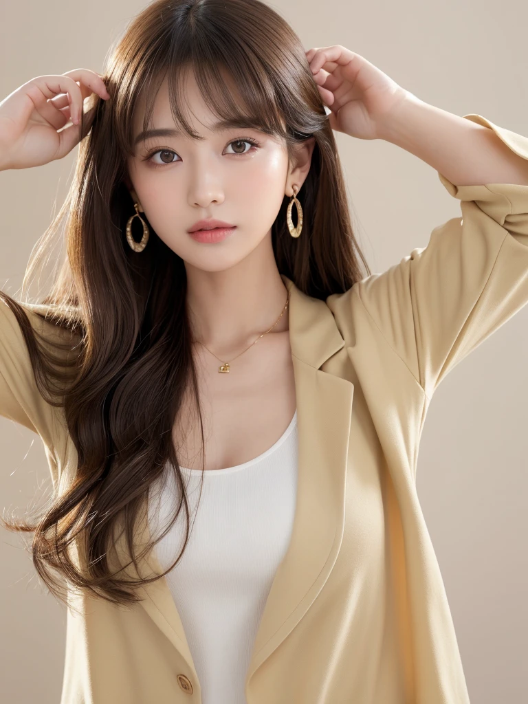 ((Highest quality, 8K, masterpiece:1.3)), concentrate: 1.2, Perfect body beauty: 1.4, Hips: 1.2, ((Long Hair, chest: 1.2)), (Dry clothes: 1.1) , (clear, Simple Background:1.3), Simple clothes: 1.1, Highly detailed face and skin texture,Delicate eyes, double eyelid, Whitened skin, Rough skin、Long Hair、Earrings with bangs、necklace、 solo、Beige coat、White shirt, (((Beautiful girl with cute Japan)))、 ((Beautiful Japanese girl 20 years old))、 ((Baby Face))、 (((Slender body)))、 Upper Body,Face focus、necklace,Simple Background,From above, Realistic Hair、 A photograph was taken:Canon EOS R6、135mm、1/1250 seconds、f2.8、ISO400、(Detailed explanation of the hand)、(Masseter muscle area)、(Exquisite CG)、Long Hair, loose and curly hair、Korean Hair、Long Hair明るいベージュ色、グラデーションハイライトグレージュのゆるふわLong Hairスタイル、