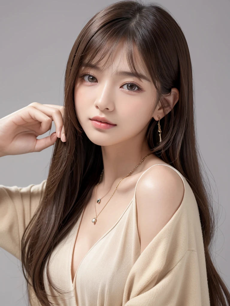 ((Highest quality, 8K, masterpiece:1.3)), concentrate: 1.2, Perfect body beauty: 1.4, Hips: 1.2, ((Long Hair, chest: 1.2)), (Dry clothes: 1.1) , (clear, Simple Background:1.3), Simple clothes: 1.1, Highly detailed face and skin texture,Delicate eyes, double eyelid, Whitened skin, Rough skin、Long Hair、Earrings with bangs、necklace、 solo、Beige coat、White shirt, (((Beautiful girl with cute Japan)))、 ((Beautiful Japanese girl 20 years old))、 ((Baby Face))、 (((Slender body)))、 Upper Body,Face focus、necklace,Simple Background,From above, Realistic Hair、 A photograph was taken:Canon EOS R6、135mm、1/1250 seconds、f2.8、ISO400、(Detailed explanation of the hand)、(Masseter muscle area)、(Exquisite CG)、Long Hair, loose and curly hair、Korean Hair、Long Hair明るいベージュ色、グラデーションハイライトグレージュのゆるふわLong Hairスタイル、