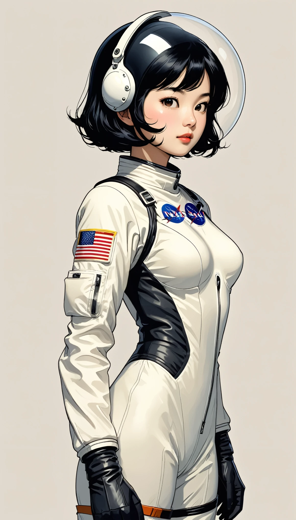 monochromatic、22 years old、woman、Moderate bust、Simple Background、solo、slender、1 person、Superpowers、Small parts floating in the air、Black Hair、short hair、Upper Body、Retro spacesuit、nasa、Holding a helmet、Asian