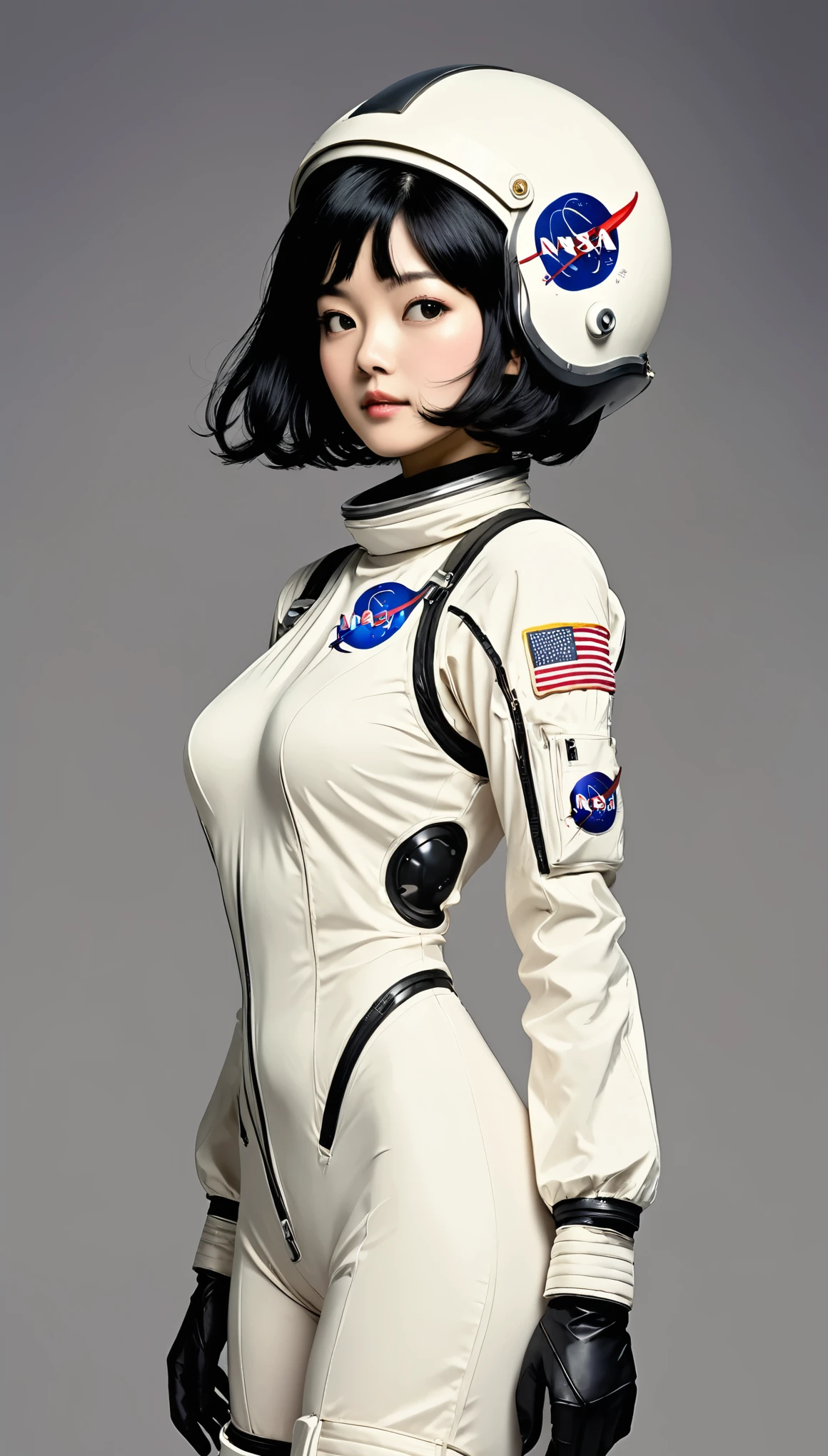 monochromatic、22 years old、woman、Moderate bust、Simple Background、solo、slender、1 person、Superpowers、Small parts floating in the air、Black Hair、short hair、Upper Body、Retro spacesuit、nasa、Holding a helmet、Asian