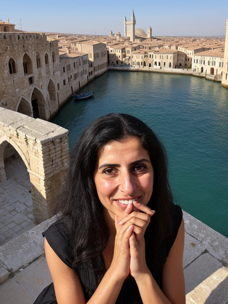 her name is Fatima, a middle-aged Syrian woman, (((snub nose))), (30 years old), (wrinkles), 1girl, solo, (black long hair), smile, wearing sundress outside warm weather A Venetian-era fortress with impressive walls and towers, wide shot, upper body and upper legs