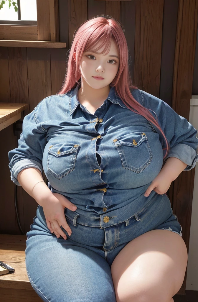 Makima de l'anime "chainsaw man", bbwchan, corps entier, magnifique et ultra détaillée. Ssbbw, obésité morbide, Cheveux rouges, yeux jaunes, visage gras, visage ultra détaillé et doux. Chemise blanche, jupe en jean, pose dynamique, soleil,