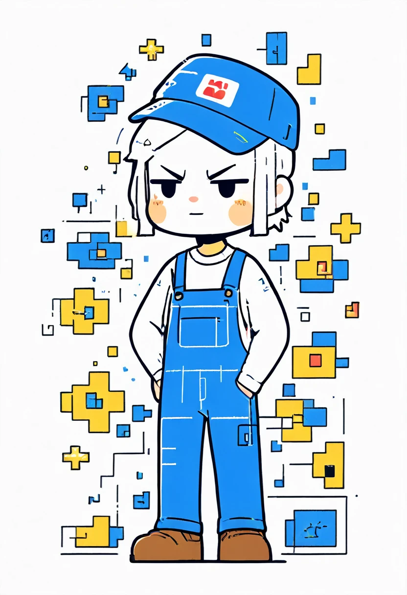 Maintenance personnel，A man wearing a blue hat，Wearing blue overalls，illustration，Stroke，formal，Icon logo，