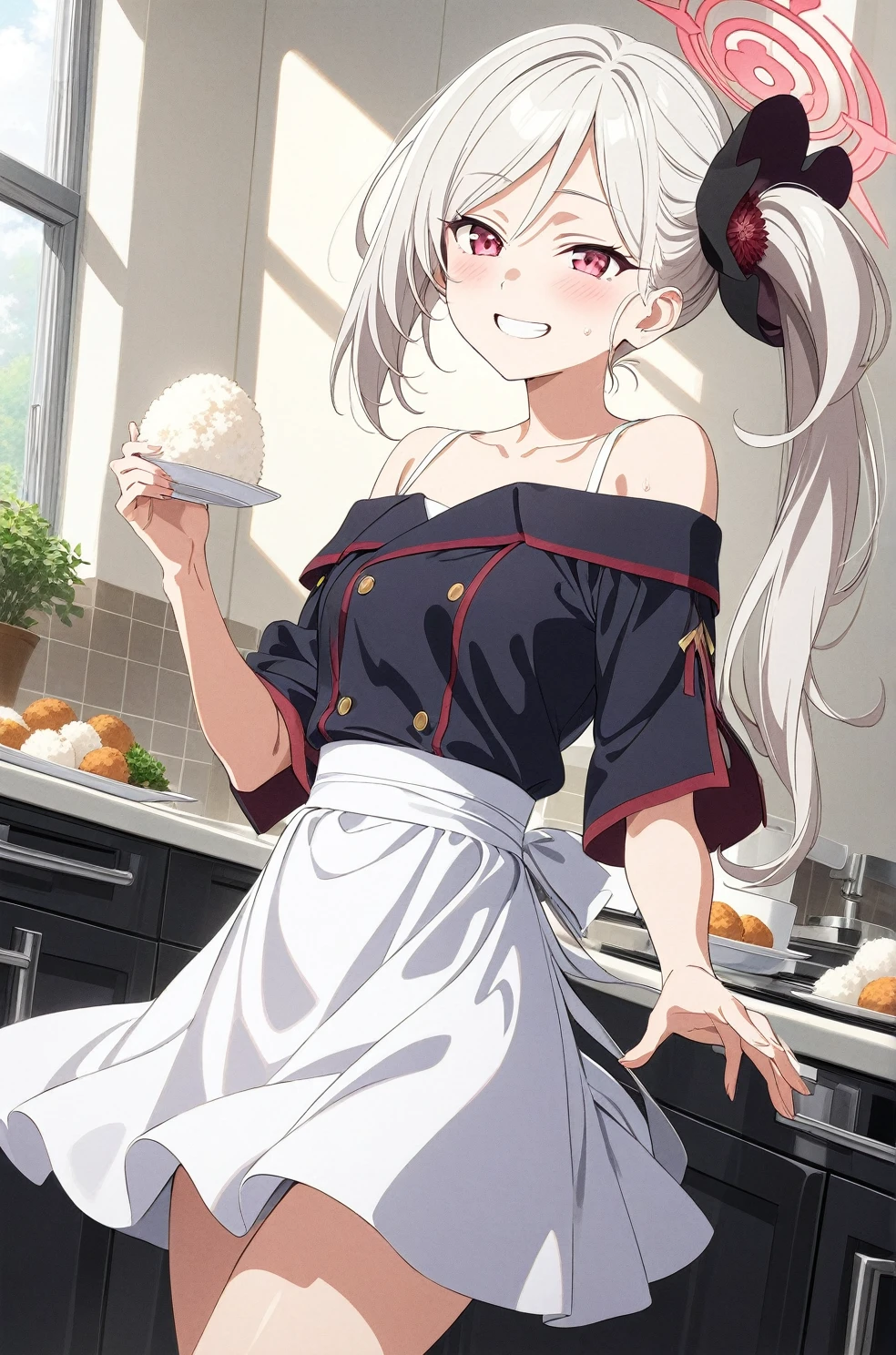 best quality, amazing quality, very aesthetic, absurdres, (1girl, mutsuki, blue archive, solo, red eyes, white hair, side ponytail), (realistic face:0.9),(off-shoulder dress:1.8),dress lift, (grin, blush, thigh:1.3), (cowboy shot), (glowing eyes:1.1), (half closed eyes:0.9), (from side:2),(official art:1.3), (kitchen), expressive eyes, perfect face, 4k, extremely detailed anime illustration, extremely detailed eyes, perfect anatomy, light rays, extremely delicate body, smooth skin, (school background:1.5), clear eyes, beautiful face, small breasts,(anime style:1.5), (Chiaroscuro:1.5), (highres:2), In the kitchen, brightly lit by the morning sun, a woman in a white apron is smiling at us. In her right hand is a handful of rice balls, and in her left is a small white plate filled with salt. Her smile is as if she is saying, "Look, it's almost ready.