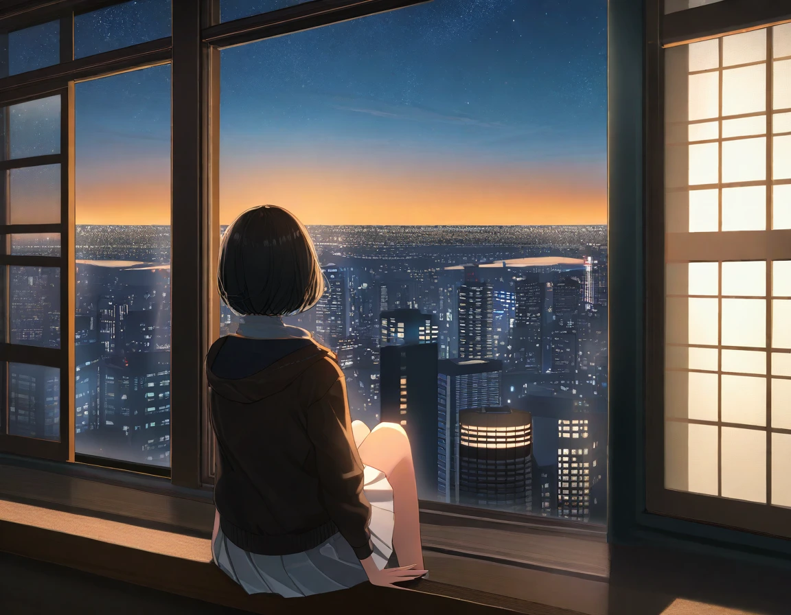 amazing quality, masterpiece, best quality, absurdres, beautiful, detailed shadow, aesthetic, 1girl, solo, curtains, sky, from behind, sitting, short hair, night, window, skirt, facing away, black hair, scenery, star (sky), indoors, night sky, dark, cityscape, jacket, wind, white skirt, long sleeves, starry sky, blurry, building,