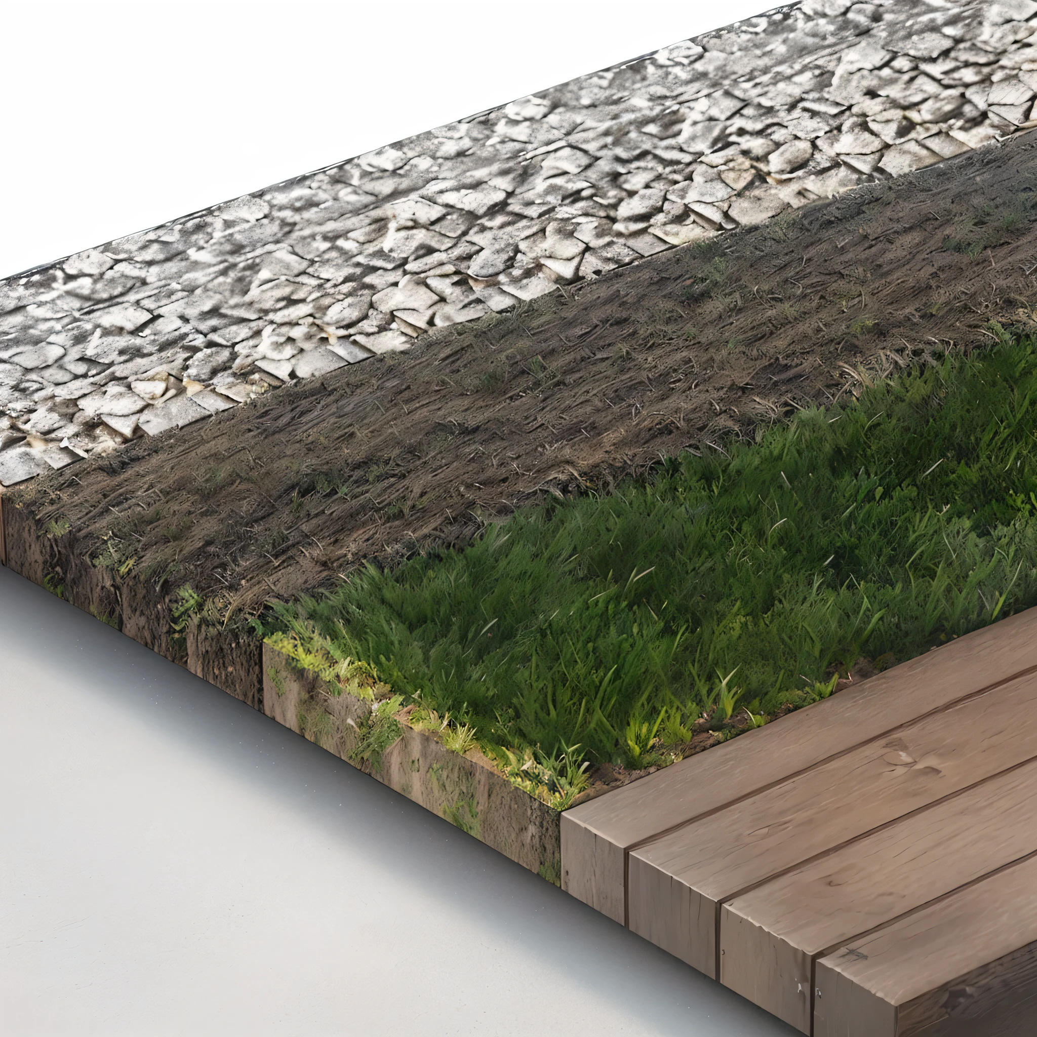 Close up of a wooden deck with a lawn, ground detailed, ground very detailed, High resolution and detail, Detail rendering, Realistic details, Realistic textures, hyperdetailed illustration, depicted as a 3 d render, Photo-realistic with maximum detail, Ground view; detailed, Realistic detailss, ultra detailed illustration, High detail illustration, Turf roof, Realistic texturesd