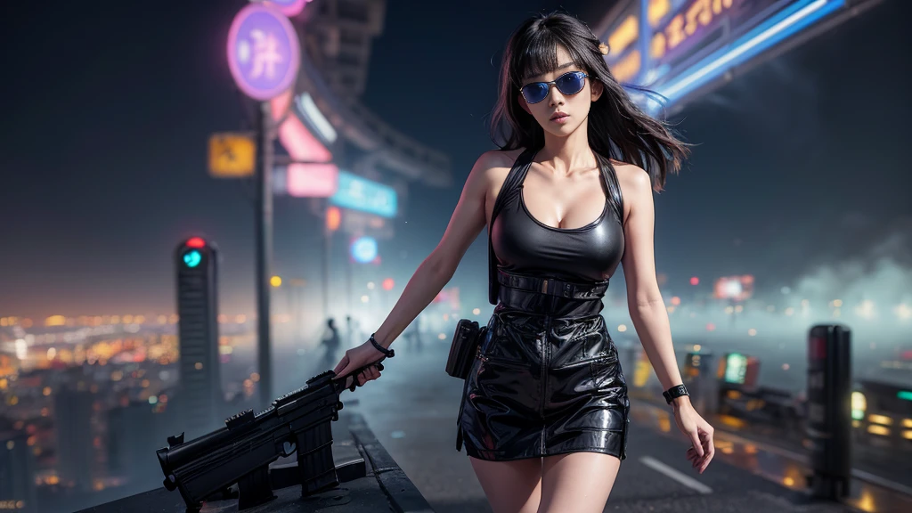 8k, Realistic Skin Texture, Realistic Photo, Neo Tokyo, slim Japanese women, large-breast:1.3 cleavage:1.2, AD2050 at night, Dirty hunting jacket, Wearing tube top, miniskirt, (((black sunglasses, automatic rifle, sneakers, cold, shooting pose, low angle view))), Innovative composition, revenge, cyberpunk, blade runner worldview, Large neon sign, Geisha hologram sign, Strong Wakamoto Sign.