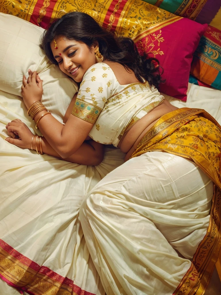 a 50-year-old shirtless man affectionately hugging and kissing aradiant, full-figured South Indian plus-sized 30 year old teacher wearing a off white silky saree in dressing room, (cum Splash on her face and blouse, cum Splash on her face, cum Splash)captured in a full-body image with vibrant hues and meticulous details. Full body image