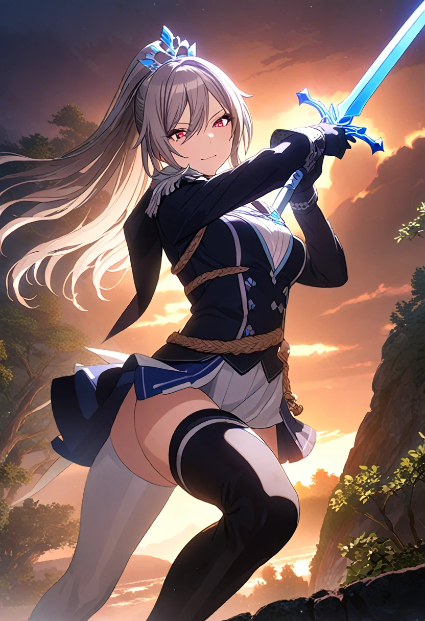Highest quality、unity 8k wallpaper、32k、masterpiece、Very detailed、Ultra-high resolution、Very detailedな顔, RAW Photos, Professional, Ultra-fine painting, Midnight blue long ponytail、Platinum tiara with blue gemstones、Red eyes、(Tree Eyes), Cool and sharp features, shirase sakuya, srssky, Female magical warrior、white&gold breastplate、Blue and white leotard、(((With side armor and long slits、ブルーとwhiteゴールドで装飾されたペンシルスカート)))、Half puff sleeves with shoulder pads、A large white ribbon with a large sapphire on the chest、White and blue long gloves、White and blue thigh-high stiletto boots、whole body、She has a sword with a glowing blue blade.
