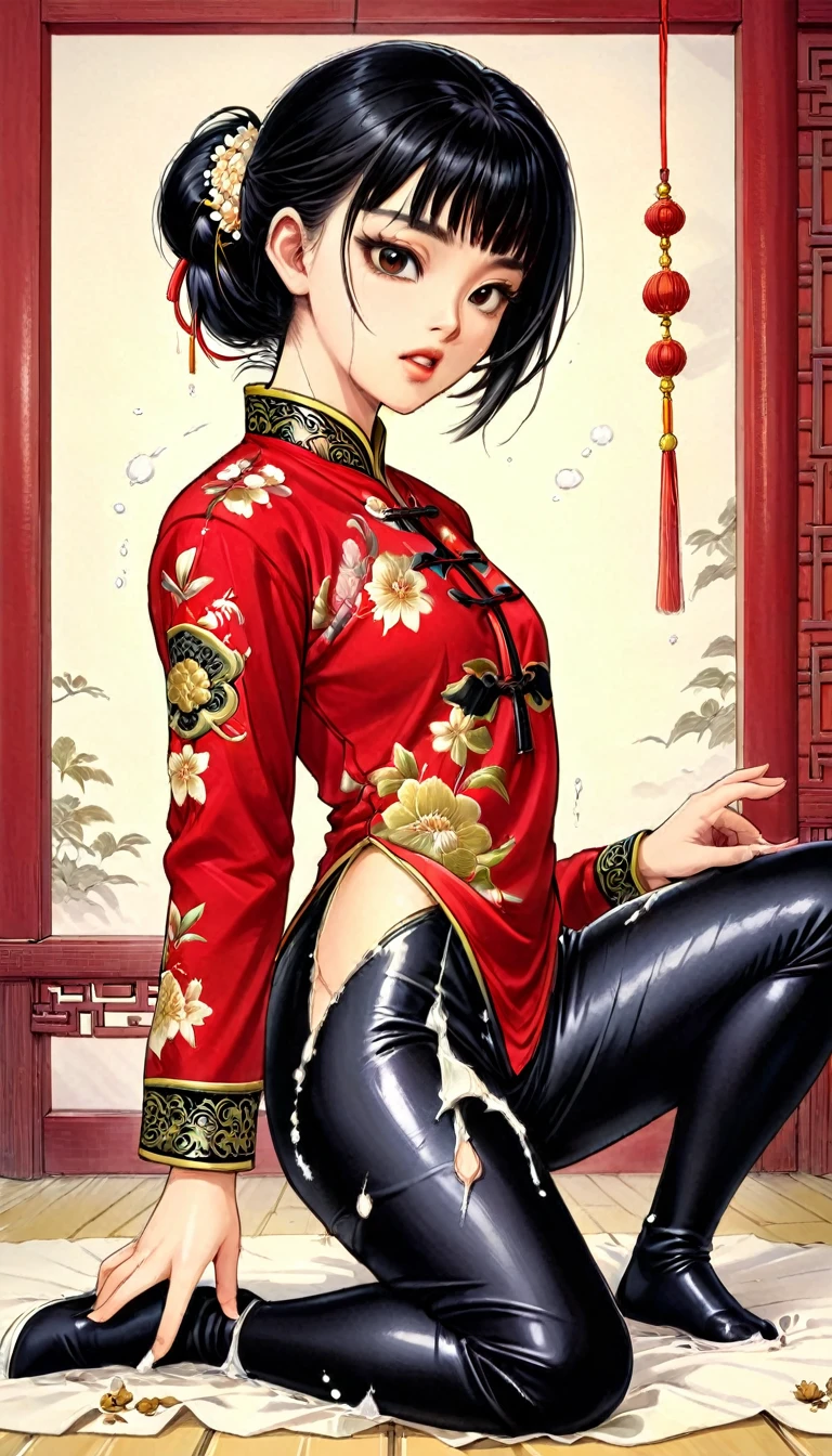 A tragic historical drama in 8k live-action style: Beautiful palace secrets　Beautiful  Chinese Kung Fu girl princess with short black hair has very rough unwanted sex with old man emperor　Gorgeous embroidery, Ultra glossy, She is wearing a shiny red top and bottom long sleeve floral kung fu suit....　　Her clothes were forcibly torn off by the old man, exposing her genitals.　