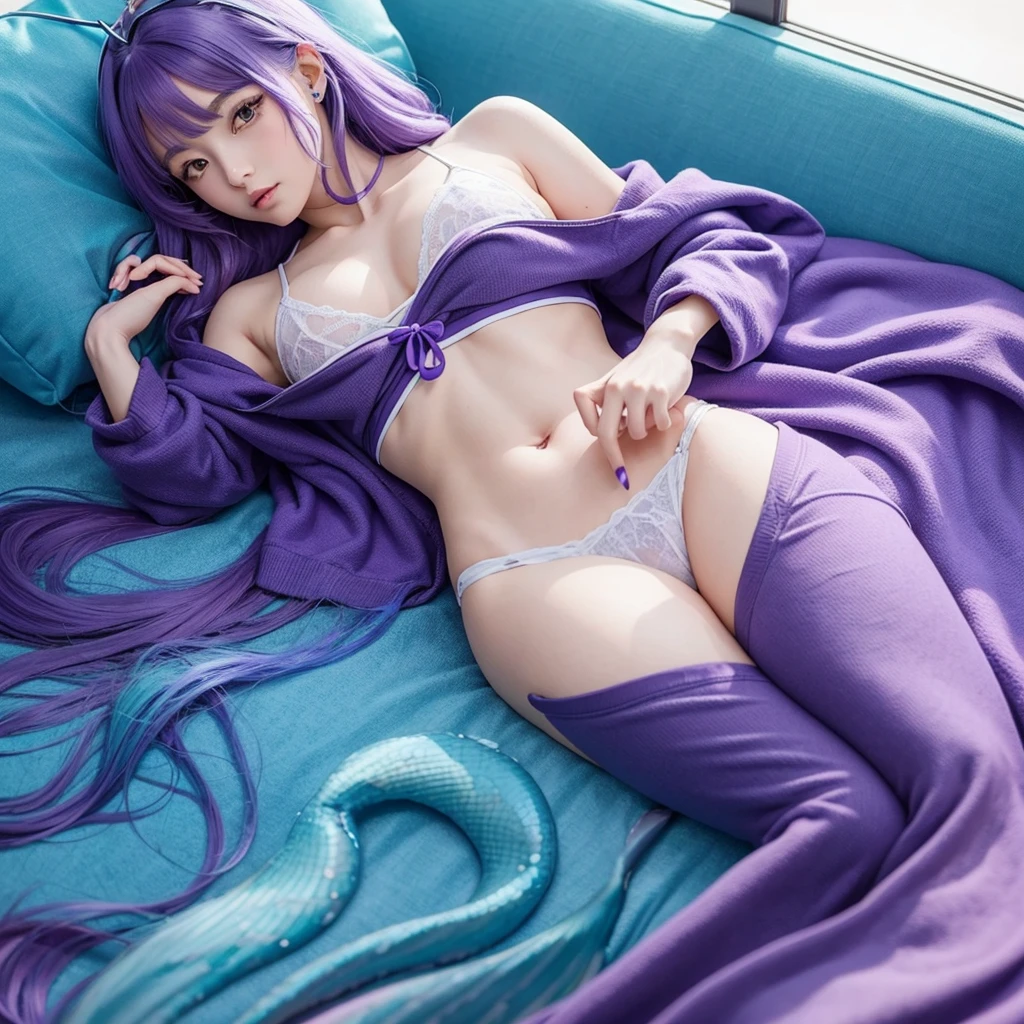 anime　mermaid　hoodie　Lying down with purple hair　Blue Tail