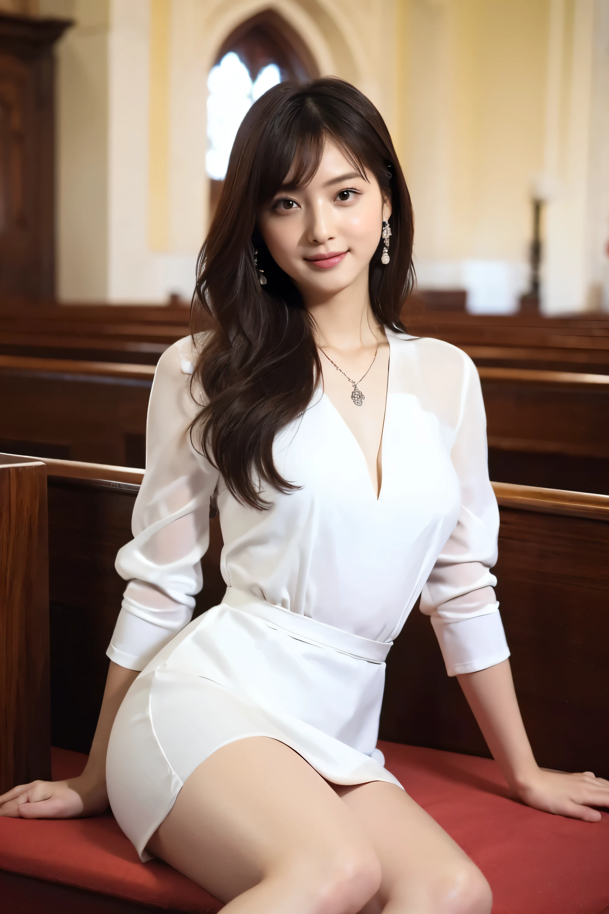 8K RAW Photos, Highest quality, masterpiece, Ultra-high resolution, 3d, Realistic, One girl, Asian, black_hair, length_hair, nose, wedding dress, Natural skin texture, light brown_eye, detailed eyes and face, lips, lipstick, smile, perfect legs,Beautiful feet, Beautiful church location, (Detailed Background), Checked skirt, White shirt, Blurred Background, white dress like a wedding dress,