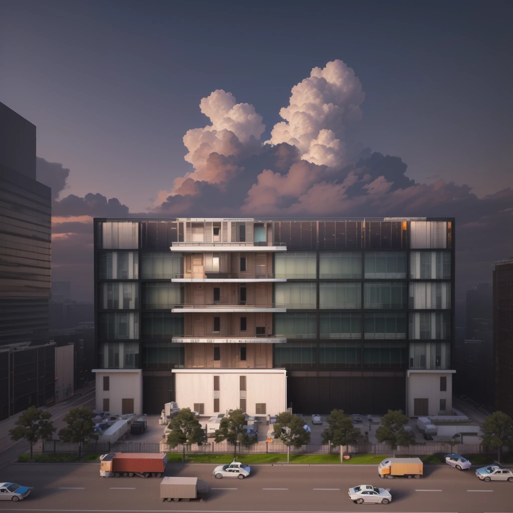 There is a modern factory building on the street,There are many trucks in it, Center Model Building, highly realistically detailed, highly Detailed model, full building, Very detailed composition, hqVery detailed, side view. Very detailed, Extremely detailed architecture, Digital Model, Wide-angle establishing shot, Building exterior, architectural model, Office Building, Detailed model, Orthogonal 3d rendering,masterpiece,High Detail,High Definition,8K