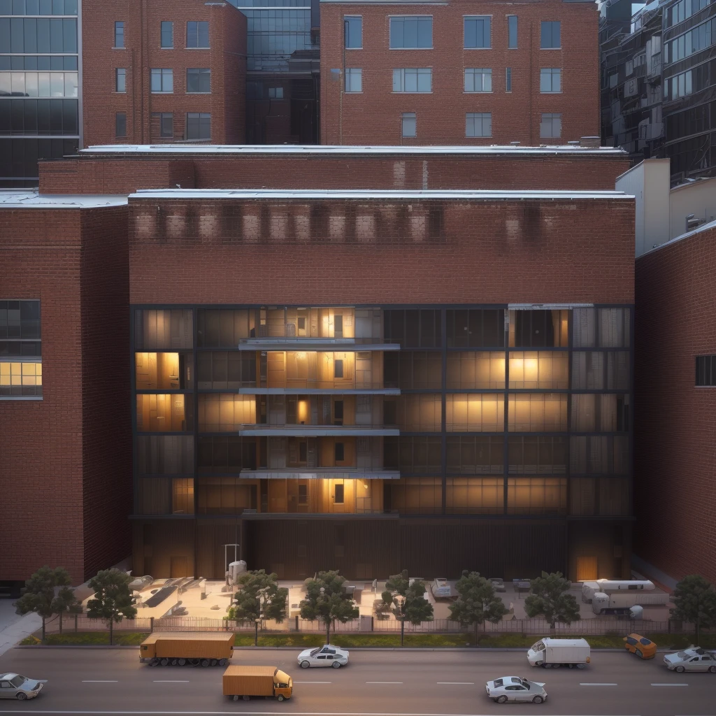 There is a modern factory building on the street,There are many trucks in it, Center Model Building, highly realistically detailed, highly Detailed model, full building, Very detailed composition, hqVery detailed, side view. Very detailed, Extremely detailed architecture, Digital Model, Wide-angle establishing shot, Building exterior, architectural model, Office Building, Detailed model, Orthogonal 3d rendering,masterpiece,High Detail,High Definition,8K