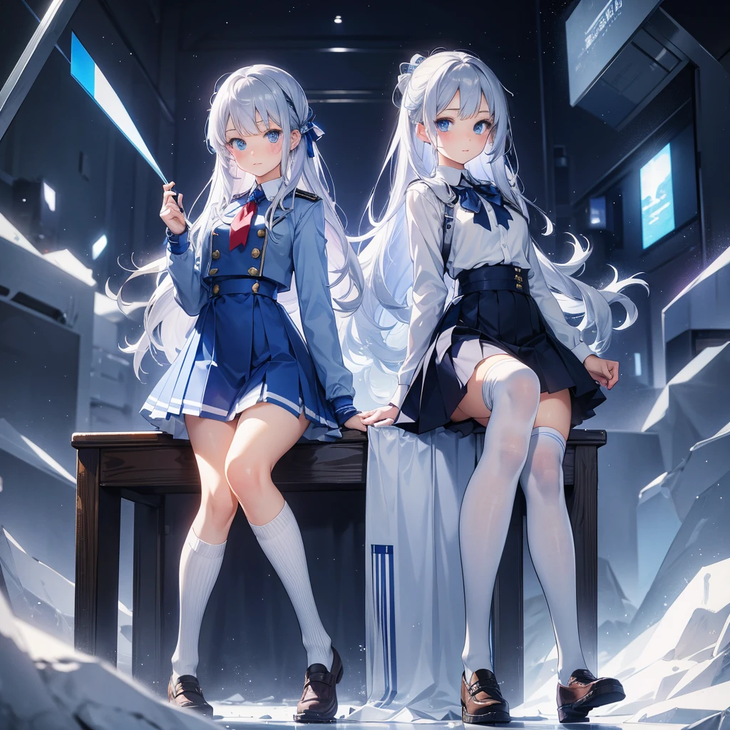 Silver Hair、Blue Eyes、beautiful girl、high school girl。uniform、Knee socks、