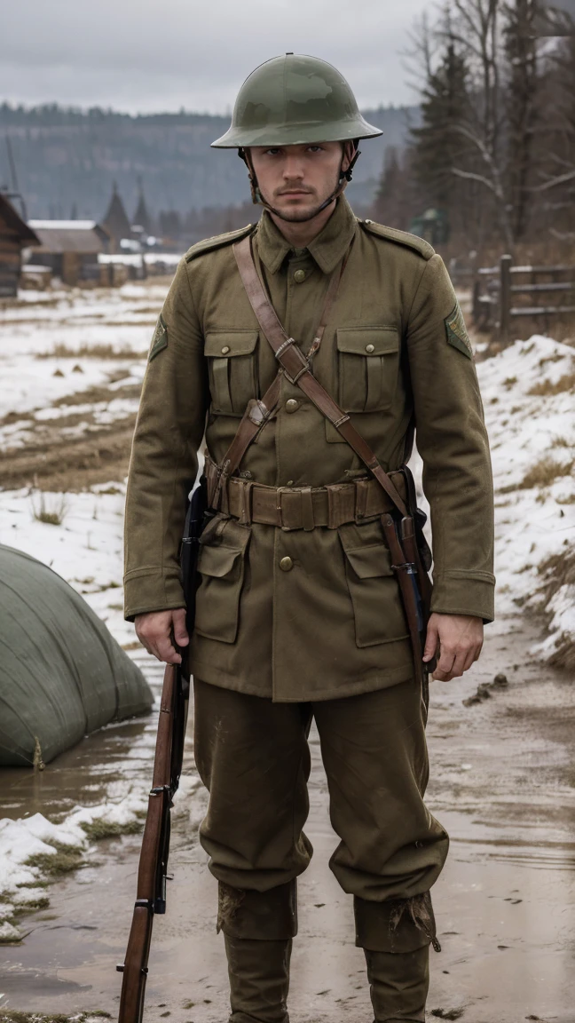 (masterpiece), best quality, expressive eyes, perfect face, All quiet on eastern Front, man, sandbags, dirty snowy, dark green uniform, realistic, HD, Rifle, Russian empire, Russian Slavic man, visor hat, Tannenberg, imperial, full body, shawl, shako, shakos