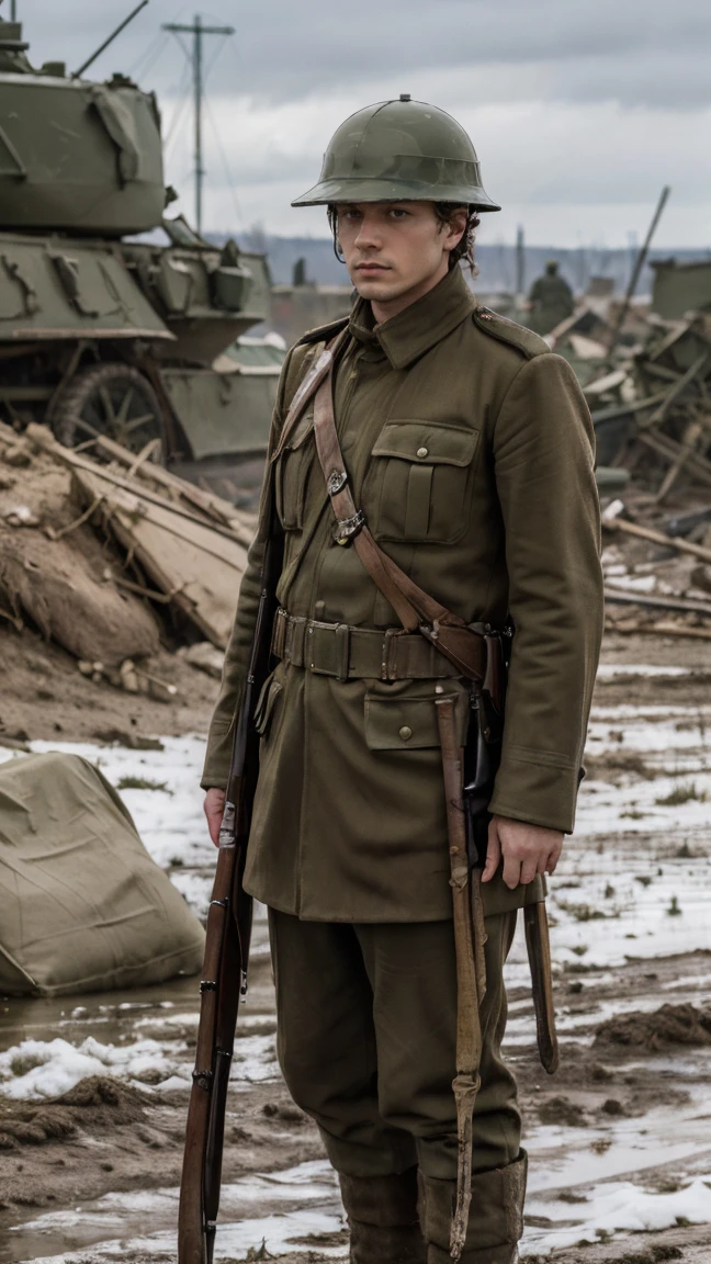 (masterpiece), best quality, expressive eyes, perfect face, All quiet on eastern Front, man, sandbags, dirty snowy, dark green uniform, realistic, HD, Rifle, Russian empire, Russian Slavic man, visor hat, Tannenberg, imperial, full body, shawl, shako, shakos