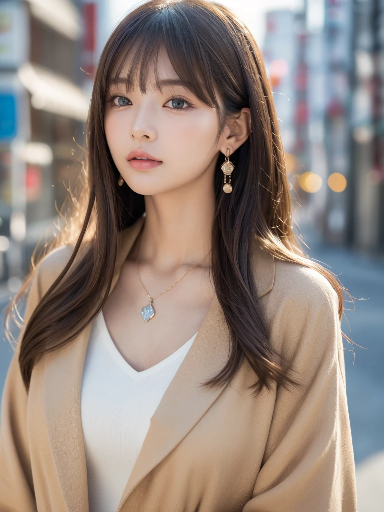  ((Highest quality, 8K, masterpiece:1.3)), concentrate: 1.2, Perfect body beauty: 1.4, Hips: 1.2, ((Long Hair, chest: 1.2)), (Dry clothes: 1.1) , (clear, Simple Background:1.3), Simple clothes: 1.1, Highly detailed face and skin texture,Delicate eyes, double eyelid, Whitened skin, Rough skin、Long Hair、Earrings with bangs、necklace、 solo、Beige coat、White shirt,  (((Beautiful girl with cute Japan)))、  ((Beautiful Japanese girl 20 years old))、 ((Baby Face))、 (((Slender body)))、  Upper Body，Face focus、necklace，Simple Background，From above， Realistic Hair、 A photograph was taken:Canon EOS R6、135mm、1/1250 seconds、f2.8、ISO400、(Detailed explanation of the hand)、(Masseter muscle area)、(Exquisite CG)、Long Hair, loose and curly hair、Korean Hair、Long Hair明るいベージュ色、グラデーションハイライトグレージュのゆるふわLong Hairスタイル、