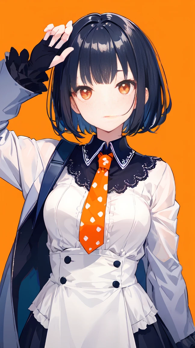 woman with short dark blue hair, dressed elegantly, with straight bangs, elegant, polka dots on her face, tie, orange eyes, silly