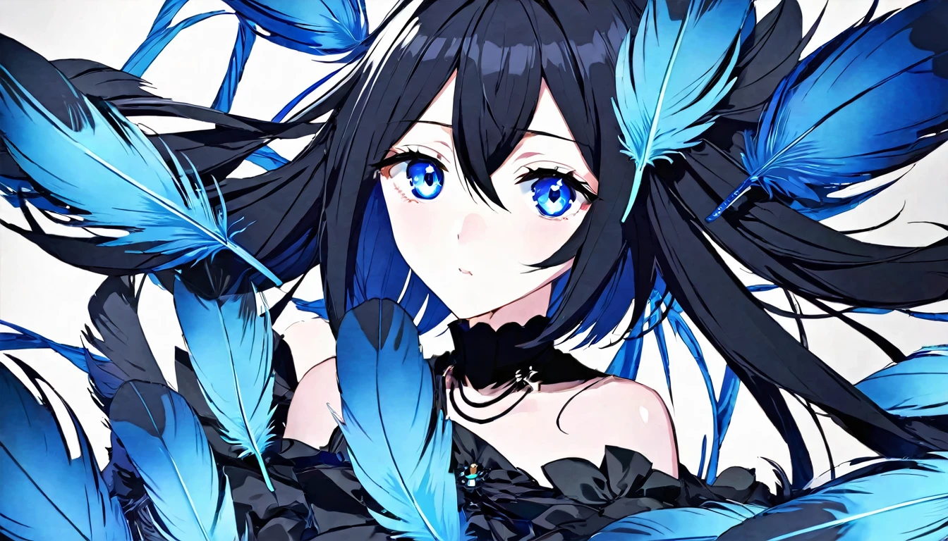 Anime girl with blue eyes and black hair with blue feathers
