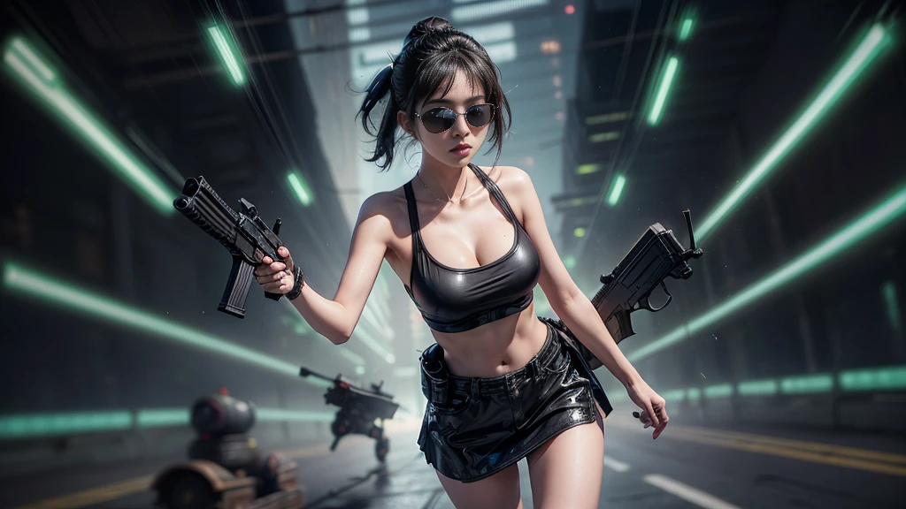 8k, Realistic Skin Texture, Realistic Photo, Neo Tokyo, slim Japanese women, large-breast:1.3 cleavage:1.2, AD2050 at night, Dirty hunting jacket, Wearing tube top, miniskirt, (((black sunglasses, automatic rifle, sneakers, cold, shooting pose, low angle view))), Innovative composition, revenge, cyberpunk, blade runner worldview, Large neon sign, Geisha hologram sign, Strong Wakamoto Sign.