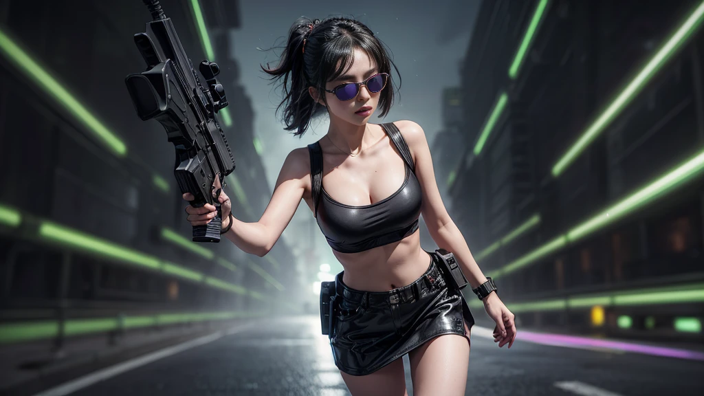 8k, Realistic Skin Texture, Realistic Photo, Neo Tokyo, slim Japanese women, large-breast:1.3 cleavage:1.2, AD2050 at night, Dirty hunting jacket, Wearing tube top, miniskirt, (((black sunglasses, automatic rifle, sneakers, cold, shooting pose, low angle view))), Innovative composition, revenge, cyberpunk, blade runner worldview, Large neon sign, Geisha hologram sign, Strong Wakamoto Sign.
