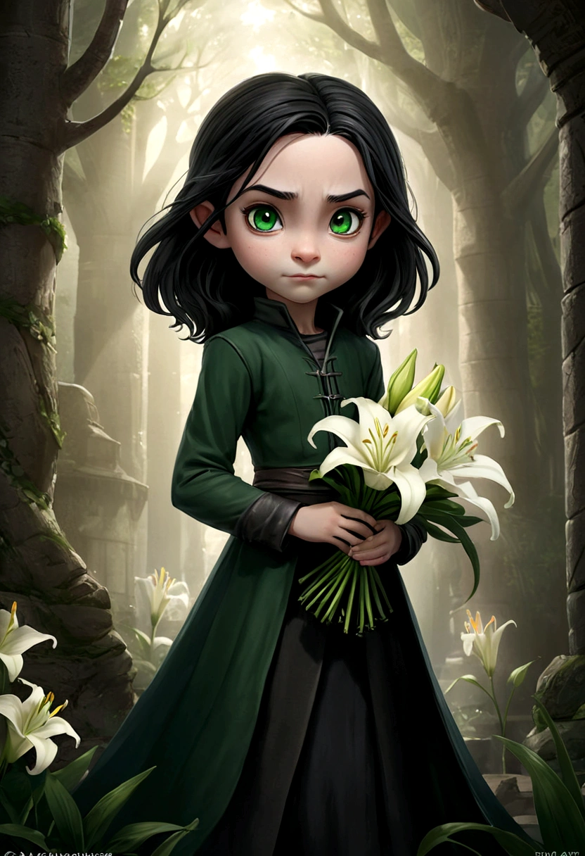 ​ young 9-year-old daughter of severus snape,((highest quality)),(ultra high resolution),(Super detailed),(detailed description),((best CG)),(best work of art) ,black hair、radiant green eyes ,masterpiece、top-quality、ultra-detailliert、（chibi character orc 1.3）、terror、Insidious、anguish、fairy tale forest、Sunlight、Full-body standing figure、Holding a gorgeous bouquet of lilies