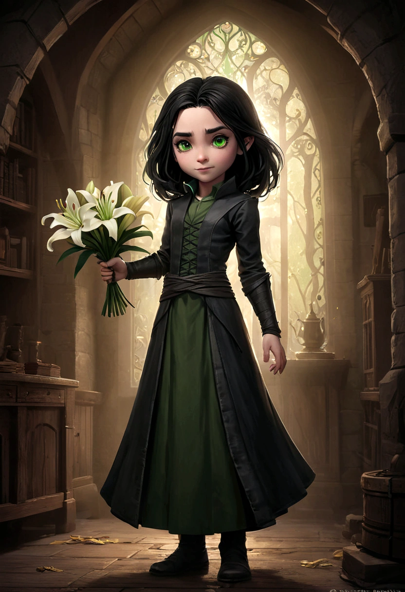  young 9-year-old daughter of severus snape,((highest quality)),(ultra high resolution),(Super detailed),(detailed description),((best CG)),(best work of art) ,black hair、radiant green eyes ,masterpiece、top-quality、ultra-detailliert、(chibi character orc 1.3)、terror、Insidious、anguish、fairy tale forest、Sunlight、Full-body standing figure、Holding a gorgeous bouquet of lilies